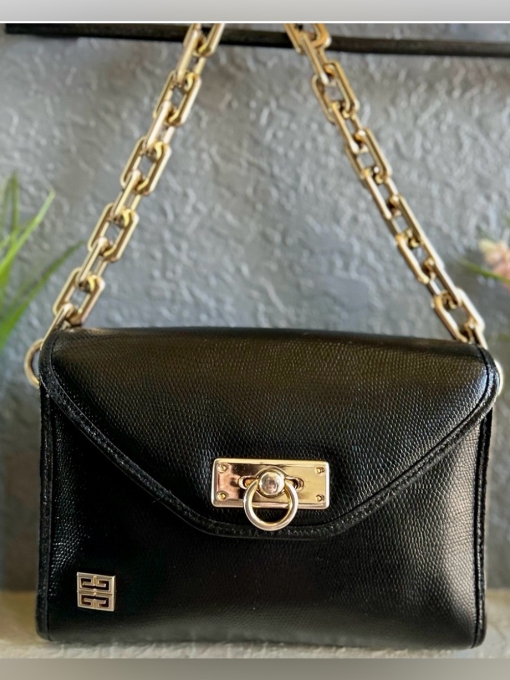 Vintage Givenchy Exotic Black Lizard Leather Exquisite Bag with Gold Chain